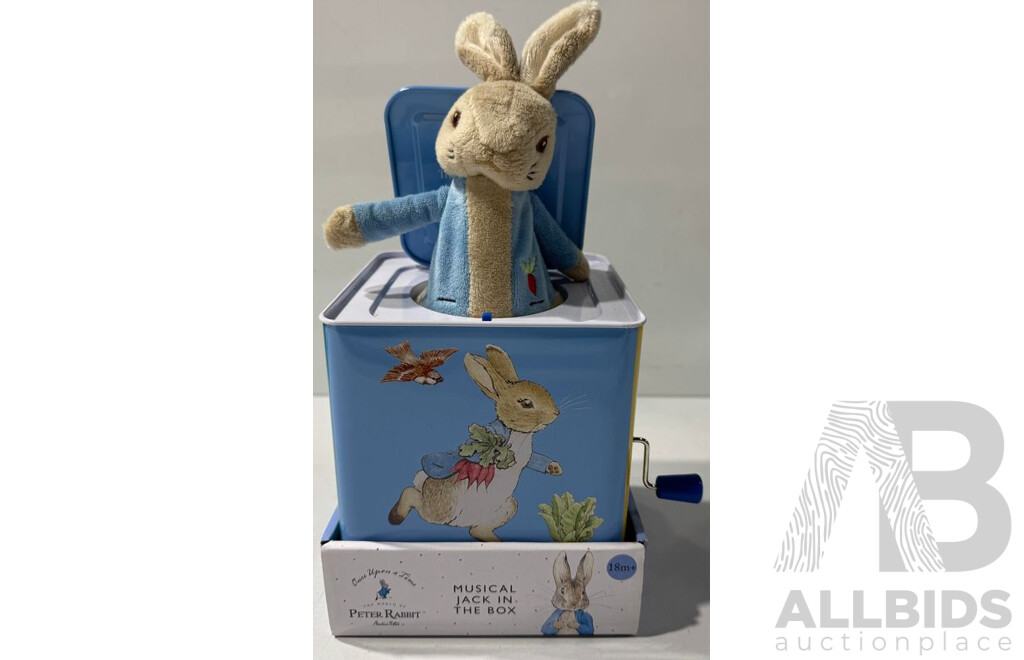 Peter Rabbit Melamine Breakfast Set Along with Musical Jack in the Box, Both in Original Packaging