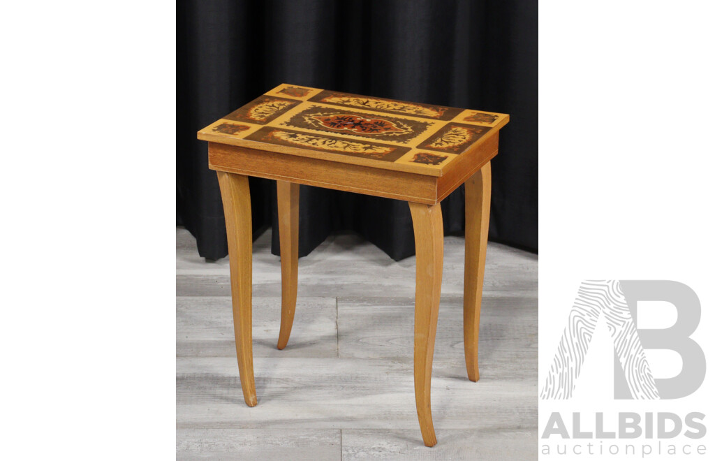 Italian Wooden Side Table with Inlay to Top, Lift Up Lid and Musical Feature