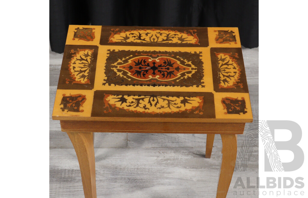 Italian Wooden Side Table with Inlay to Top, Lift Up Lid and Musical Feature