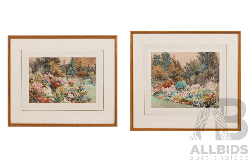 William J. Caparne (19/20th Centuries, 1855-1940), Cathedral Close Gardens, Salisbury I & II, Pair of Wonderful Original Vintage Watercolours, 40 X 44 & 36 X 44 Cms (frames) (2)