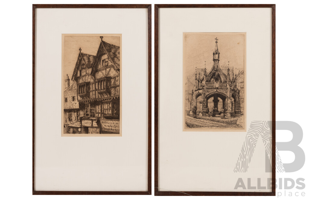 William Brown, (British, Active Late 19th Century), Old House Inn & Poultry Cross, Salisbury, Wiltshire, UK, Pair of Lovely Antique Etchings, 45 x 28 cm (frames) (2)