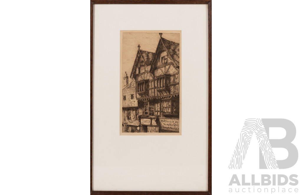 William Brown, (British, Active Late 19th Century), Old House Inn & Poultry Cross, Salisbury, Wiltshire, UK, Pair of Lovely Antique Etchings, 45 x 28 cm (frames) (2)