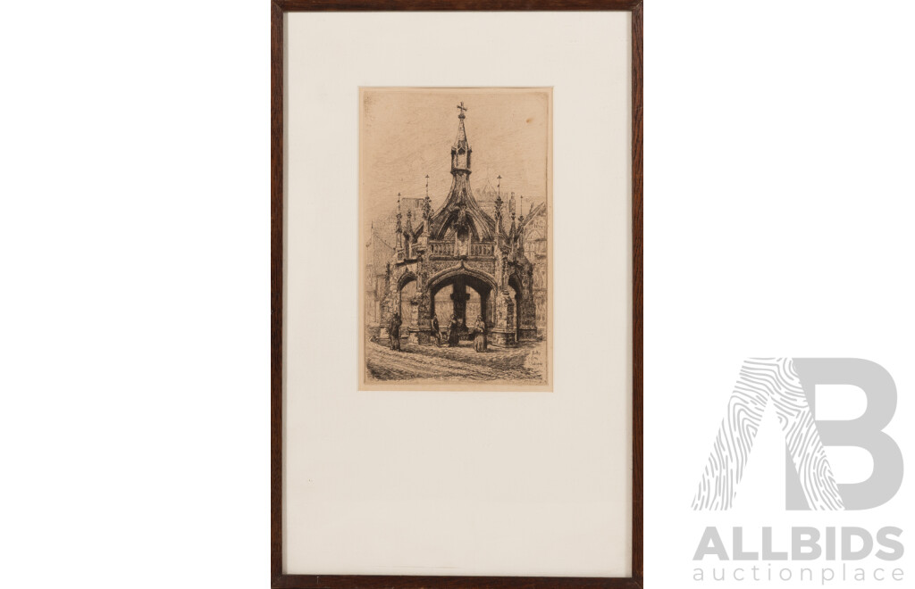 William Brown, (British, Active Late 19th Century), Old House Inn & Poultry Cross, Salisbury, Wiltshire, UK, Pair of Lovely Antique Etchings, 45 x 28 cm (frames) (2)