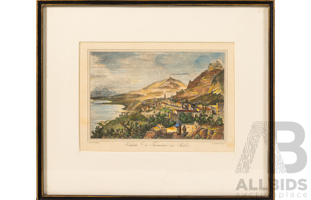 Attilo Zuccagni-Orlandini,(18/19th C, Italian, 1784-1872) Veduta Di Taormina Tratta Dall' Atlante Geografico [View of Taormina From the Geographical Atlas], Antique Hand Coloured Engraving Print, 28 x 32.5 cm (frame)