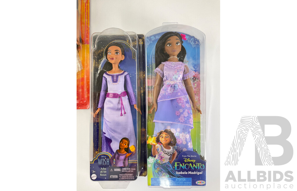 Six Boxed Disney Dolls Including Wish, Princess and Encanto