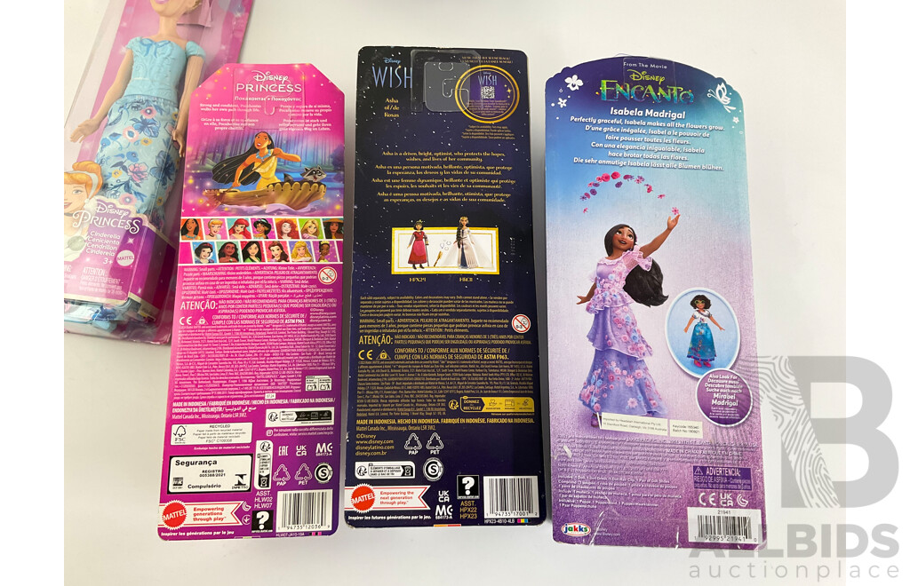 Six Boxed Disney Dolls Including Wish, Princess and Encanto