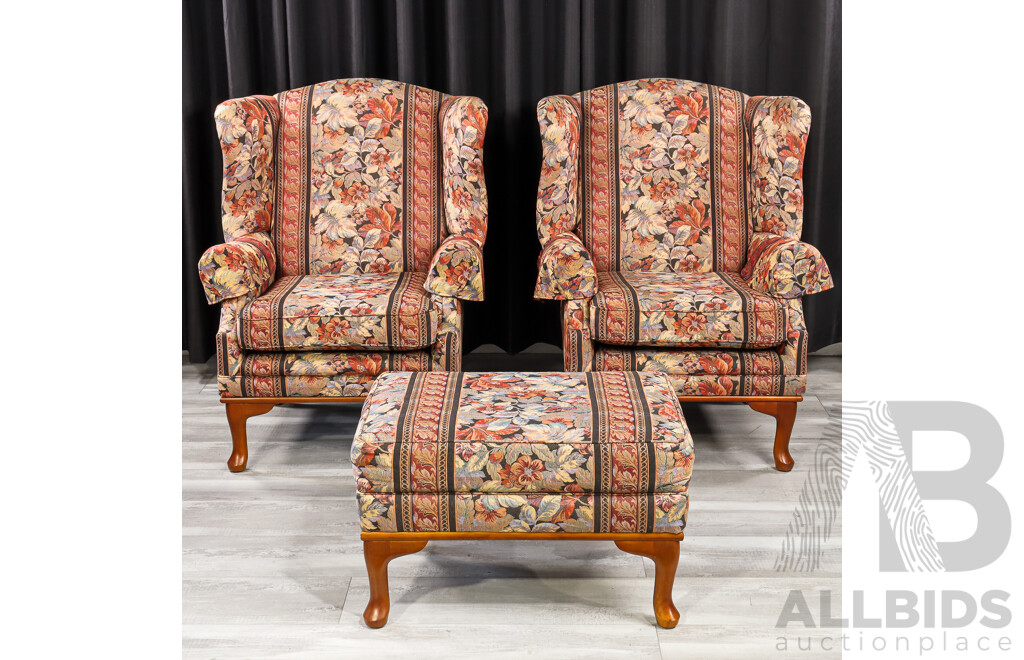 Pair of Vintage Fabric Wing Back Armchairs with Single Ottoman