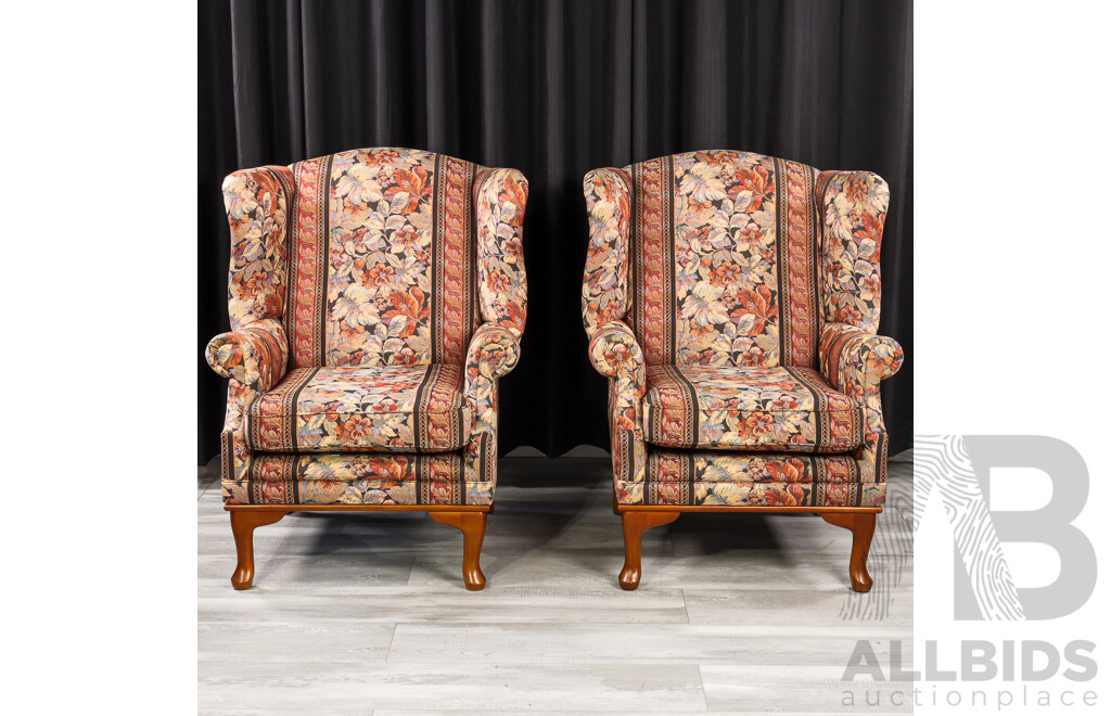 Pair of Vintage Fabric Wing Back Armchairs with Single Ottoman