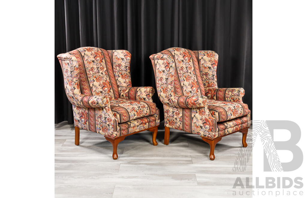 Pair of Vintage Fabric Wing Back Armchairs with Single Ottoman
