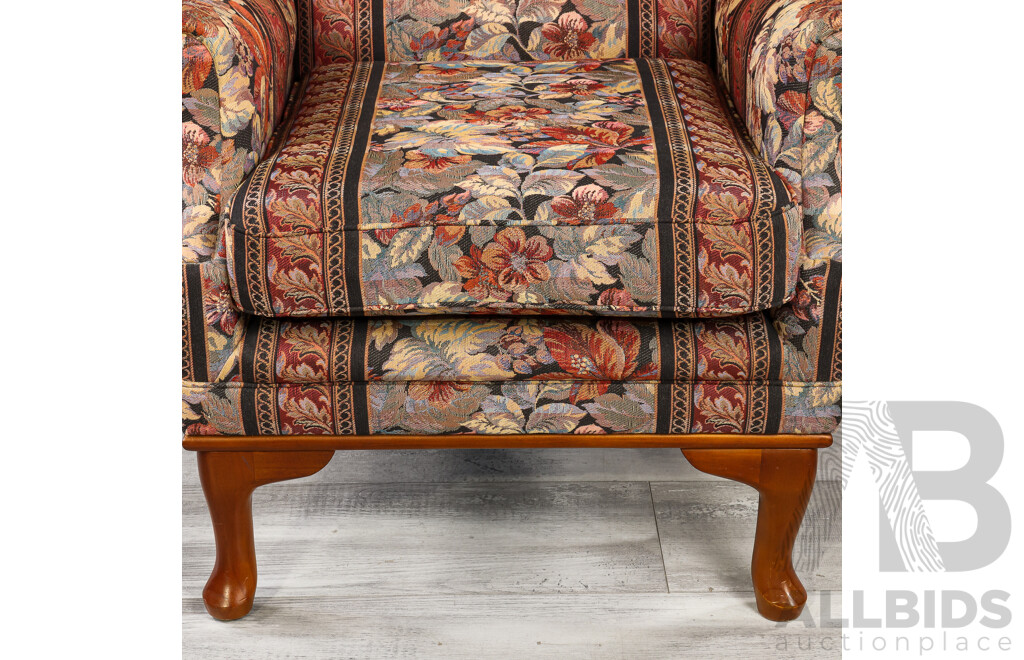Pair of Vintage Fabric Wing Back Armchairs with Single Ottoman