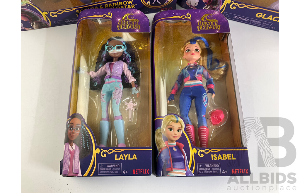 Five  Boxed Unicorn Academy Dolls and Horses