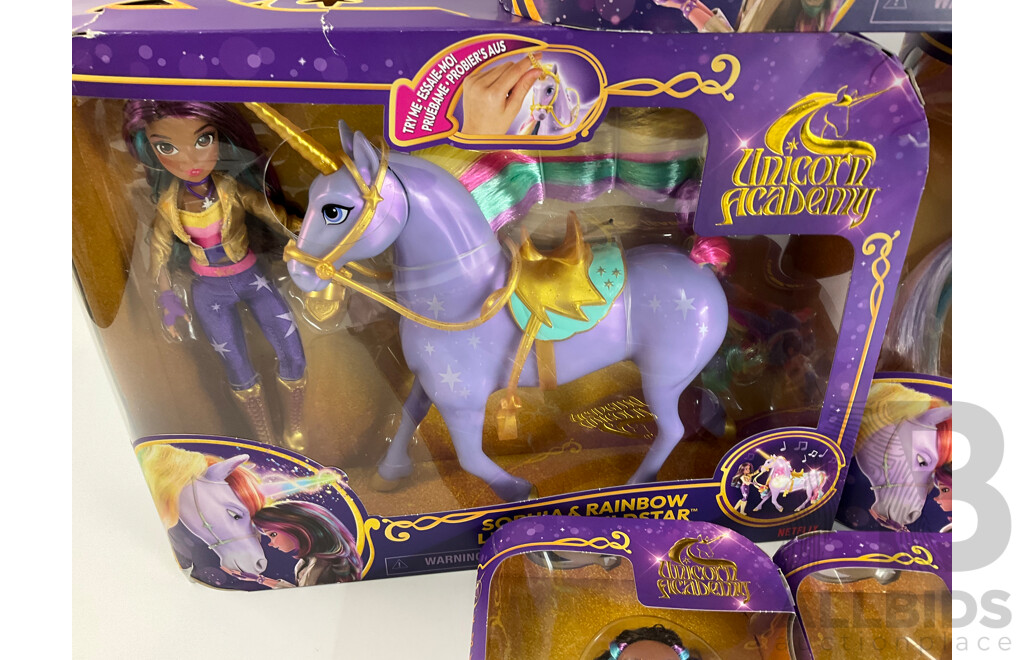 Five  Boxed Unicorn Academy Dolls and Horses