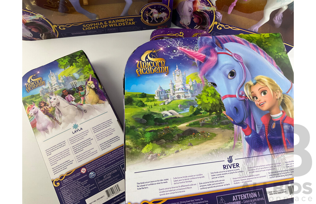 Five  Boxed Unicorn Academy Dolls and Horses