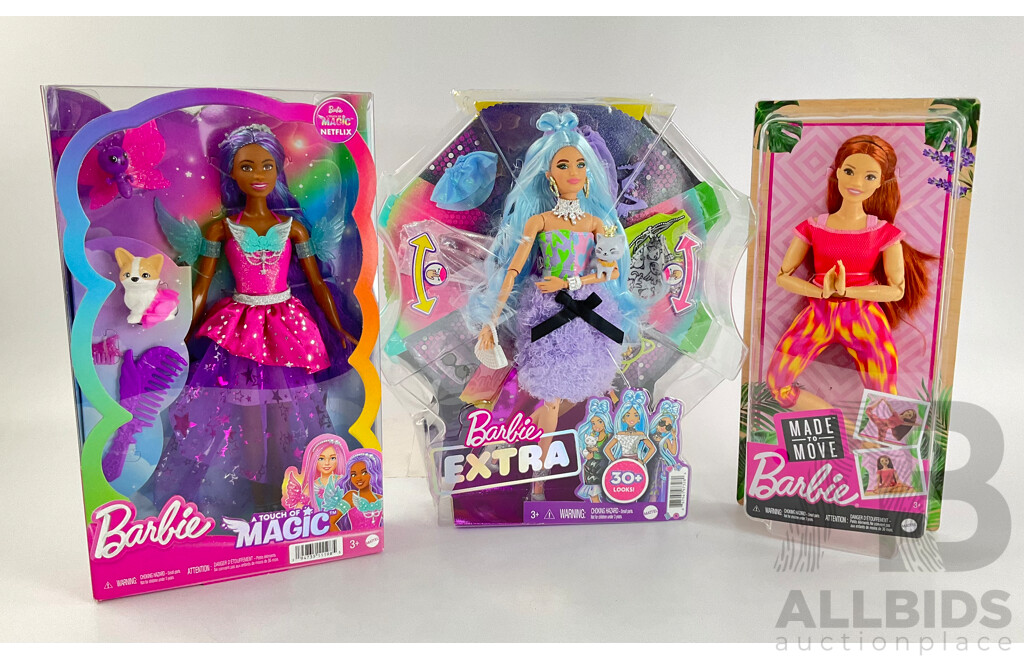 Three Boxed Barbie Dolls Including Touch of Magic, Made to Move and Extra
