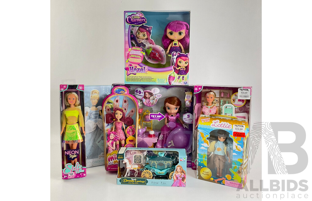 Eight Boxed Dolls Including Steffi Love, Dream Carriage, Mia & Me, Hazel, Sofia the First, Disney Princess, Lottie