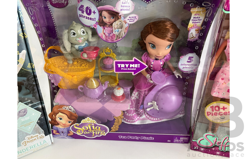 Eight Boxed Dolls Including Steffi Love, Dream Carriage, Mia & Me, Hazel, Sofia the First, Disney Princess, Lottie