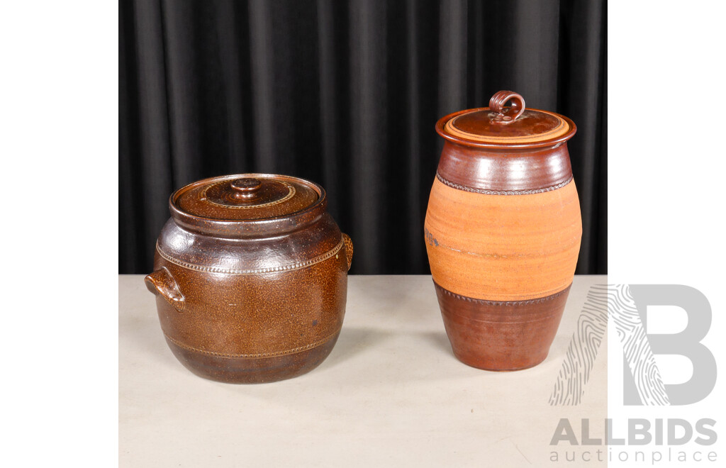 Salt Glazed Lidded Bread Croc by Bendigo Pottery and Another