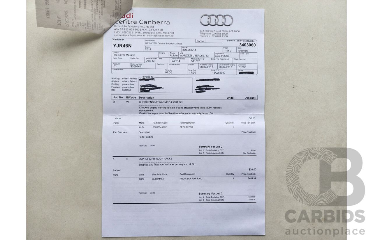 2/2014 Audi Q3 2.0 TFSI Quattro (125kw) 8U MY14 4d Wagon Silver 2.0L