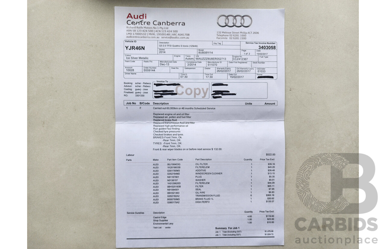 2/2014 Audi Q3 2.0 TFSI Quattro (125kw) 8U MY14 4d Wagon Silver 2.0L