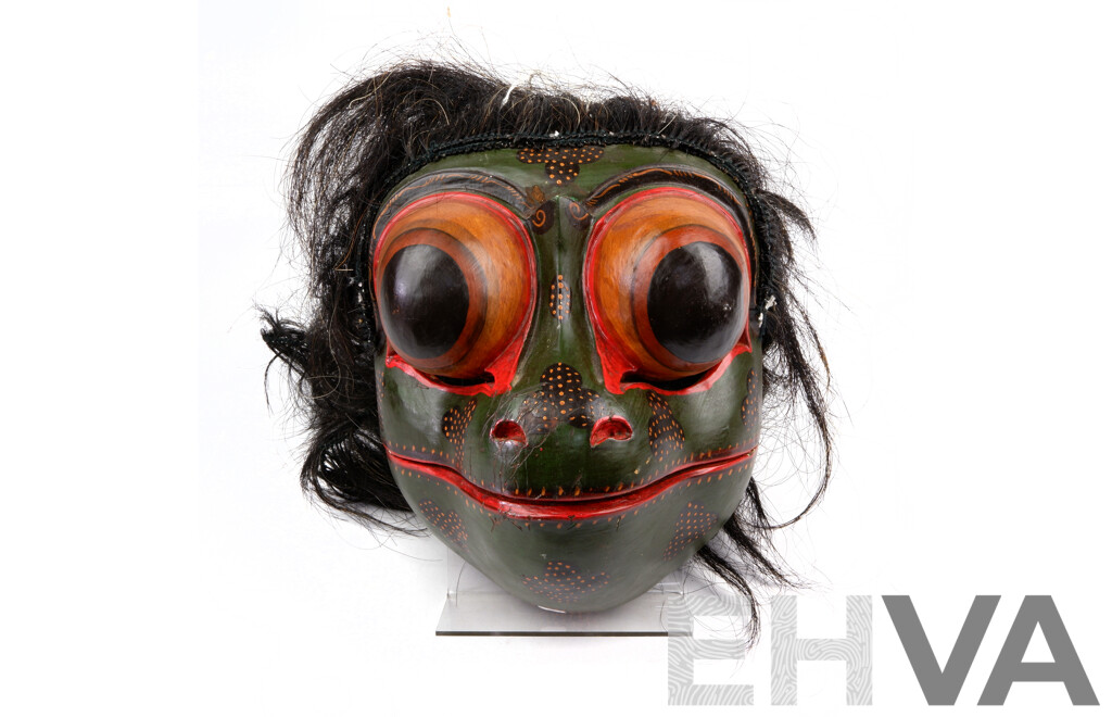 Vintage Hand Carved and Decorated Balinese Frog Prince Godogan Mask with Movable Jaw and Hair and Fibre Fringing