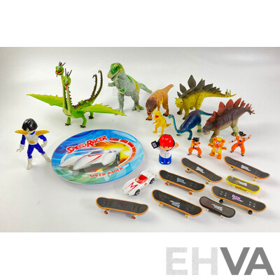 Collection of Display Dinosaurs, Speed Racer and Dragonball Z Characters with Tech Deck Skateboards