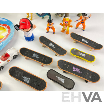 Collection of Display Dinosaurs, Speed Racer and Dragonball Z Characters with Tech Deck Skateboards