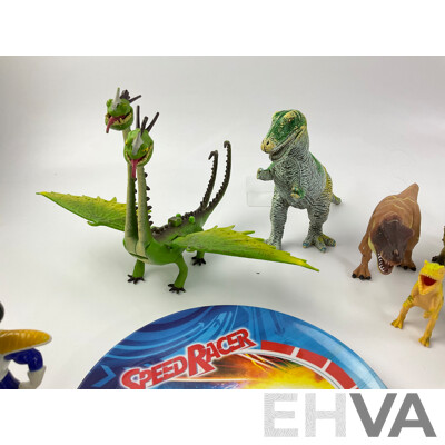 Collection of Display Dinosaurs, Speed Racer and Dragonball Z Characters with Tech Deck Skateboards