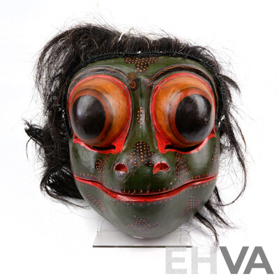 Vintage Hand Carved and Decorated Balinese Frog Prince Godogan Mask with Movable Jaw and Hair and Fibre Fringing