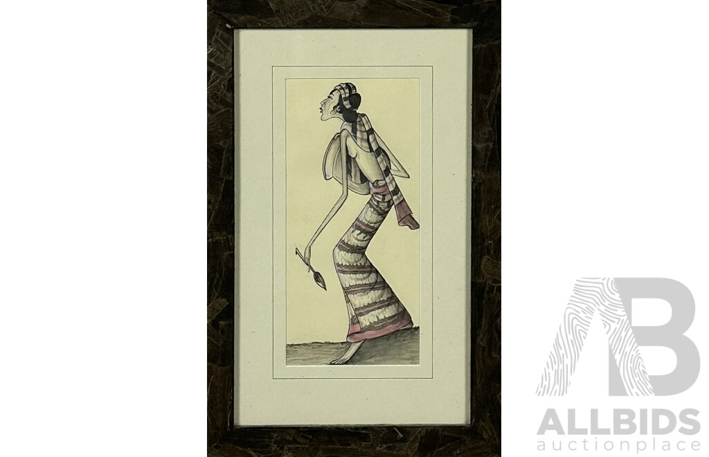 Artist Unknown, Balinese Woman with Implement, Charcoal, Ink and Pastel on Card, 50 x 32 cm (frame)