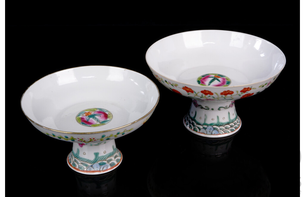 Two Vintage Chinese Canton Export Ware Hand Painted Footed Porcelain Dishes