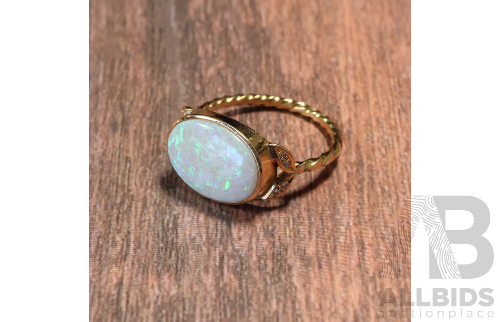 14ct Handmade Australian Solid Crystal Opal Cabochon Ring, 5.30ct, TDW 0.08ct, Size Z, 6.15 Grams - Opal Has Fracture Lines