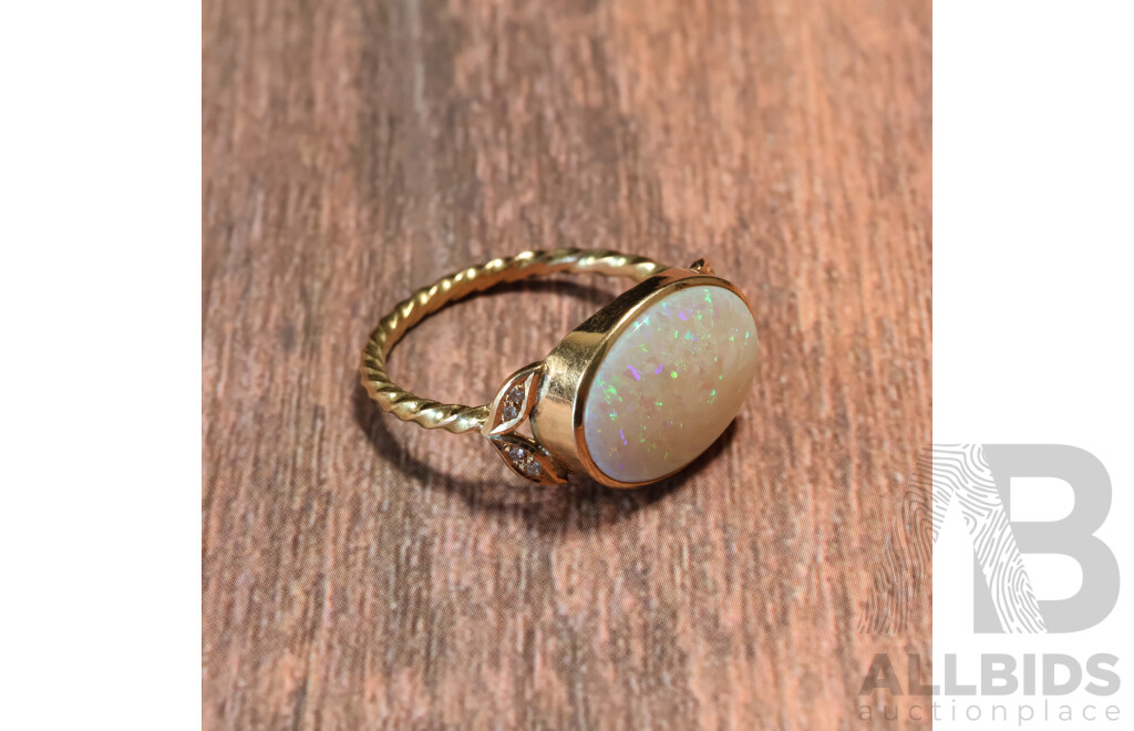 14ct Handmade Australian Solid Crystal Opal Cabochon Ring, 5.30ct, TDW 0.08ct, Size Z, 6.15 Grams - Opal Has Fracture Lines