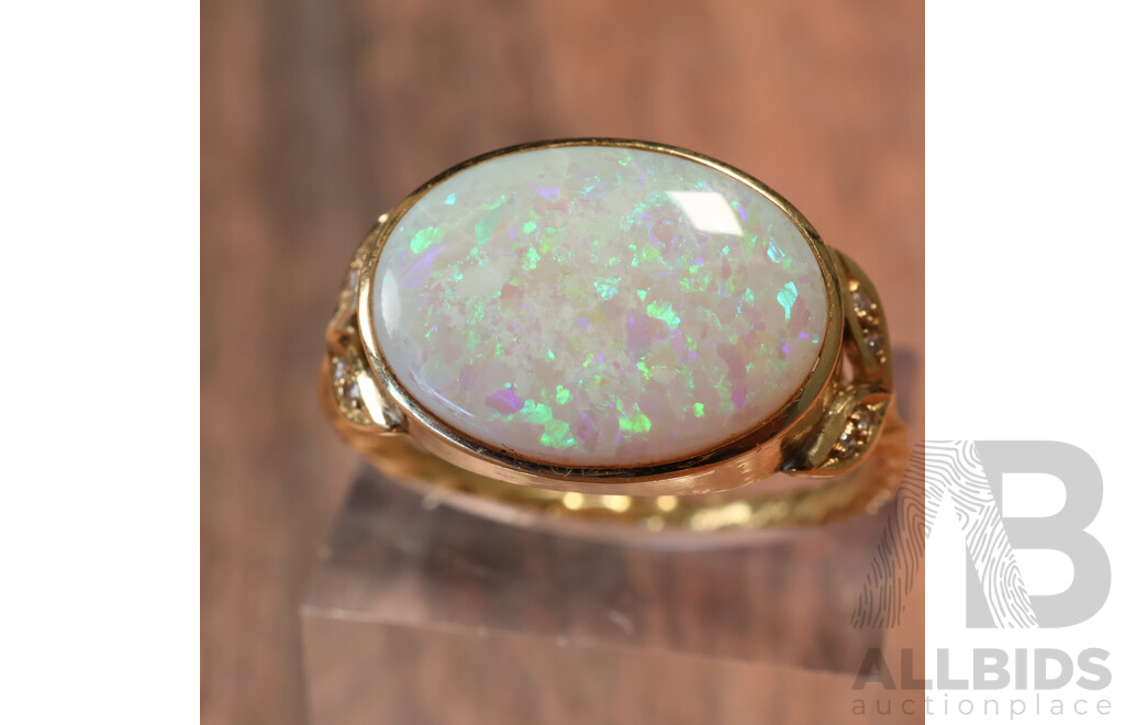 14ct Handmade Australian Solid Crystal Opal Cabochon Ring, 5.30ct, TDW 0.08ct, Size Z, 6.15 Grams - Opal Has Fracture Lines