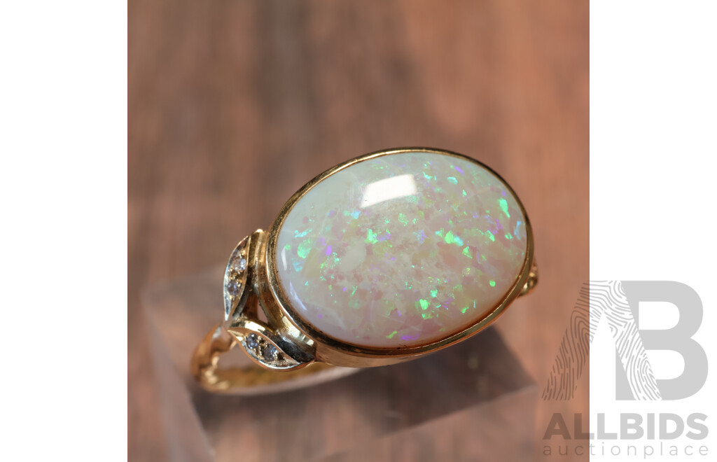 14ct Handmade Australian Solid Crystal Opal Cabochon Ring, 5.30ct, TDW 0.08ct, Size Z, 6.15 Grams - Opal Has Fracture Lines