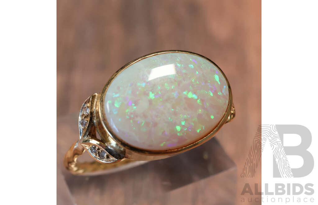 14ct Handmade Australian Solid Crystal Opal Cabochon Ring, 5.30ct, TDW 0.08ct, Size Z, 6.15 Grams - Opal Has Fracture Lines