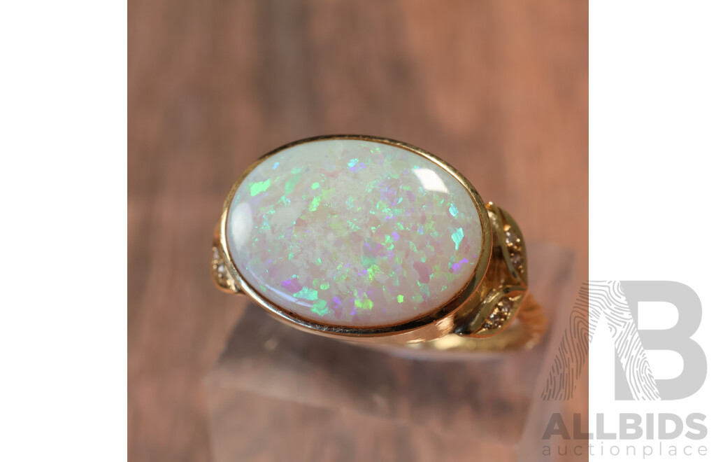 14ct Handmade Australian Solid Crystal Opal Cabochon Ring, 5.30ct, TDW 0.08ct, Size Z, 6.15 Grams - Opal Has Fracture Lines