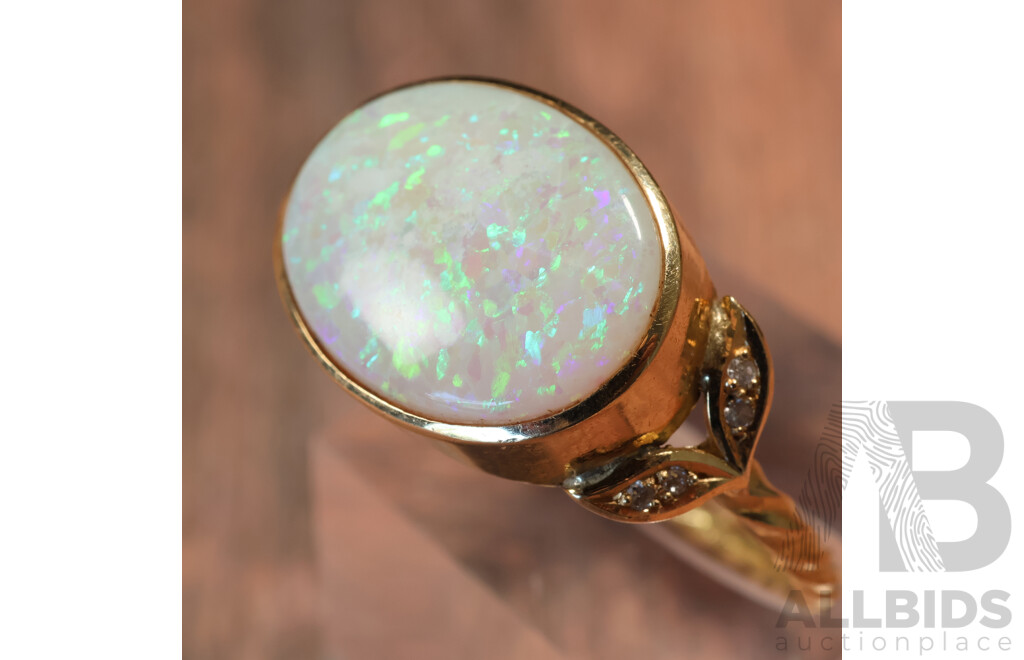 14ct Handmade Australian Solid Crystal Opal Cabochon Ring, 5.30ct, TDW 0.08ct, Size Z, 6.15 Grams - Opal Has Fracture Lines