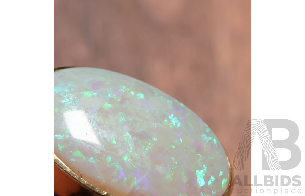 14ct Handmade Australian Solid Crystal Opal Cabochon Ring, 5.30ct, TDW 0.08ct, Size Z, 6.15 Grams - Opal Has Fracture Lines