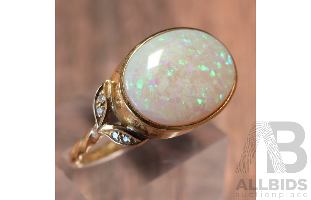 14ct Handmade Australian Solid Crystal Opal Cabochon Ring, 5.30ct, TDW 0.08ct, Size Z, 6.15 Grams - Opal Has Fracture Lines