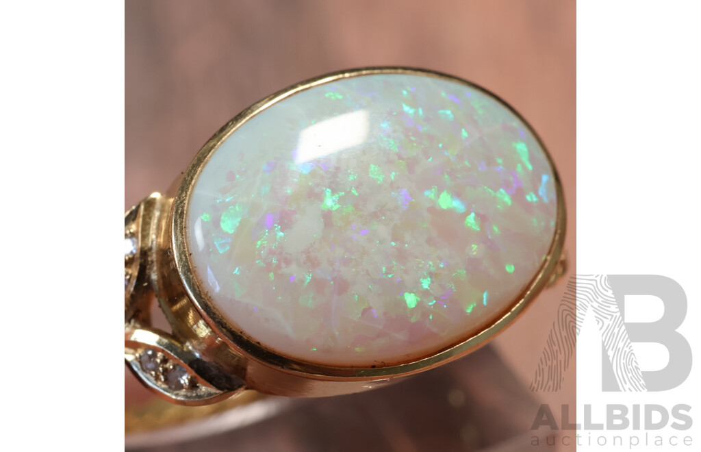 14ct Handmade Australian Solid Crystal Opal Cabochon Ring, 5.30ct, TDW 0.08ct, Size Z, 6.15 Grams - Opal Has Fracture Lines