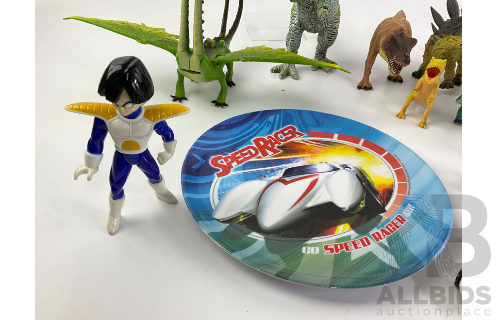 Collection of Display Dinosaurs, Speed Racer and Dragonball Z Characters with Tech Deck Skateboards