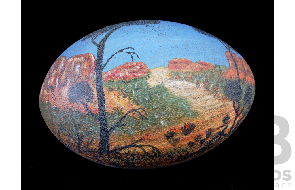 Hand Painted Emu Egg Depicting Australian Landscape -Dated 1991 and Signed Indistinctly Lower Left