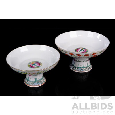 Two Vintage Chinese Canton Export Ware Hand Painted Footed Porcelain Dishes