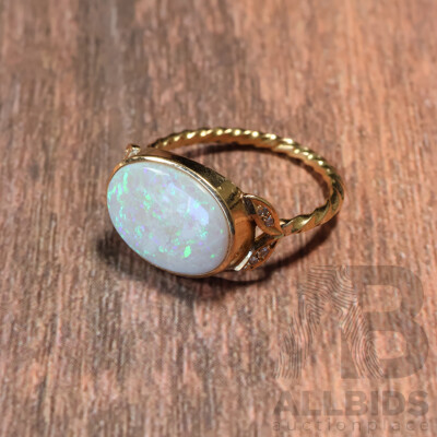 14ct Handmade Australian Solid Crystal Opal Cabochon Ring, 5.30ct, TDW 0.08ct, Size Z, 6.15 Grams - Opal Has Fracture Lines