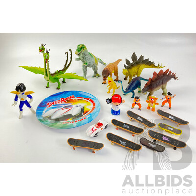 Collection of Display Dinosaurs, Speed Racer and Dragonball Z Characters with Tech Deck Skateboards