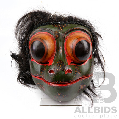 Vintage Hand Carved and Decorated Balinese Frog Prince Godogan Mask with Movable Jaw and Hair and Fibre Fringing