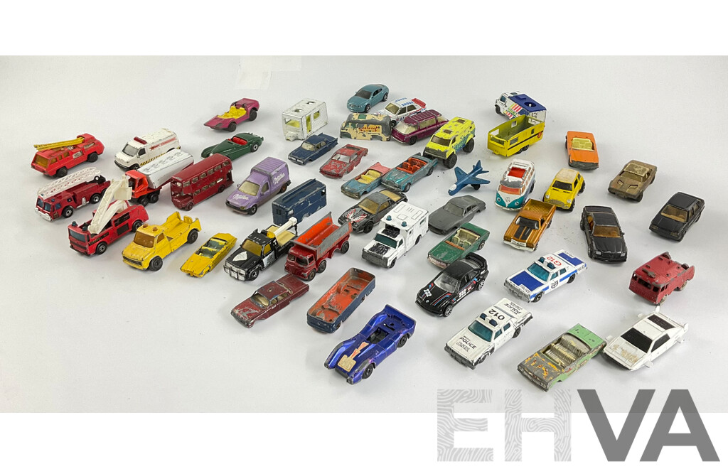Collection of Diecast Matchbox, Corgi and Playart Vehicles Including Fire Trucks, Police Cars and Sports Cars