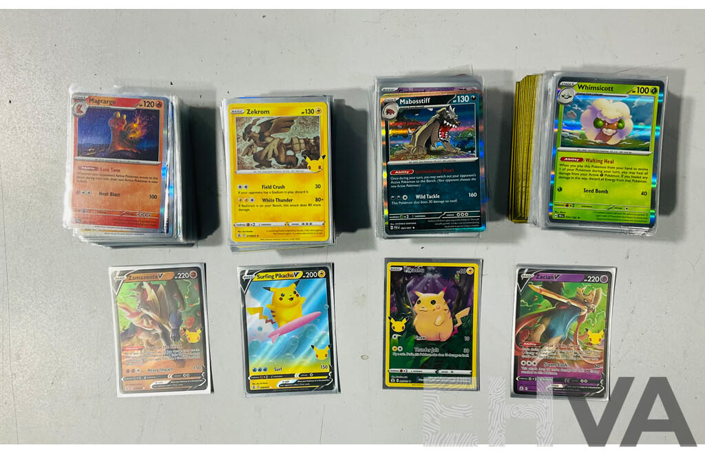 Collection of Mostly Foil Pokémon Tcg Cards Including Celebrations 25th Anniversary Pioachu, Surfing Pikachu V, Zamazenta V and Zacian V