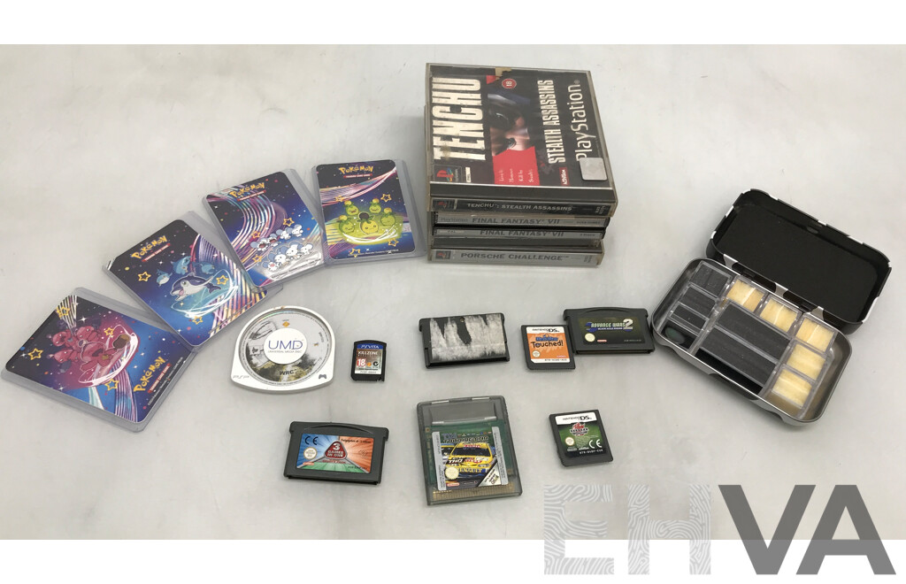 Collection of Assorted Nintendo, PlayStation One, PSP, and PSP Vita Games with Pokemon Trading Cards and Moogoo Game