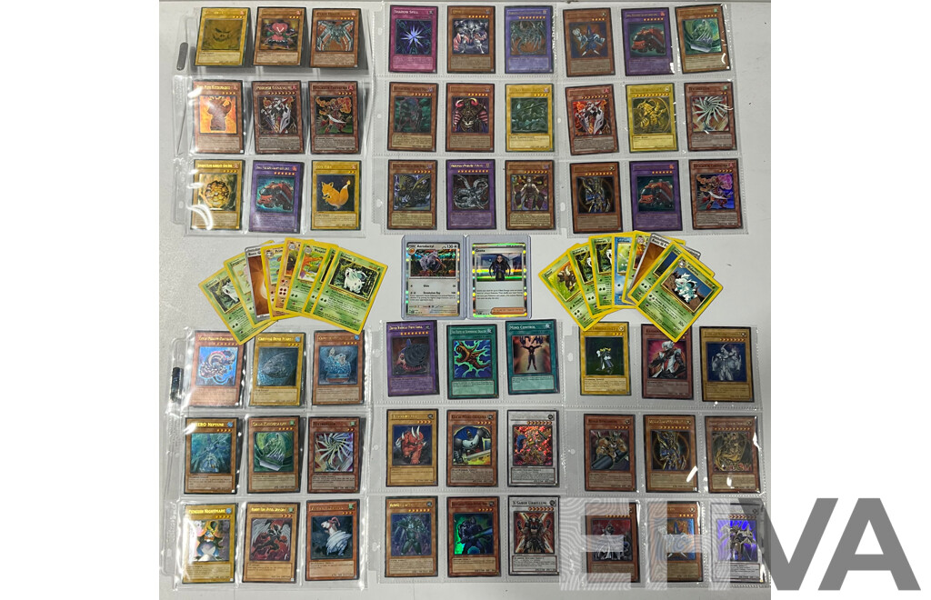 Collection of Pokémon TCG Cards and Yu-Gi-Oh Singles in Binder Pages
